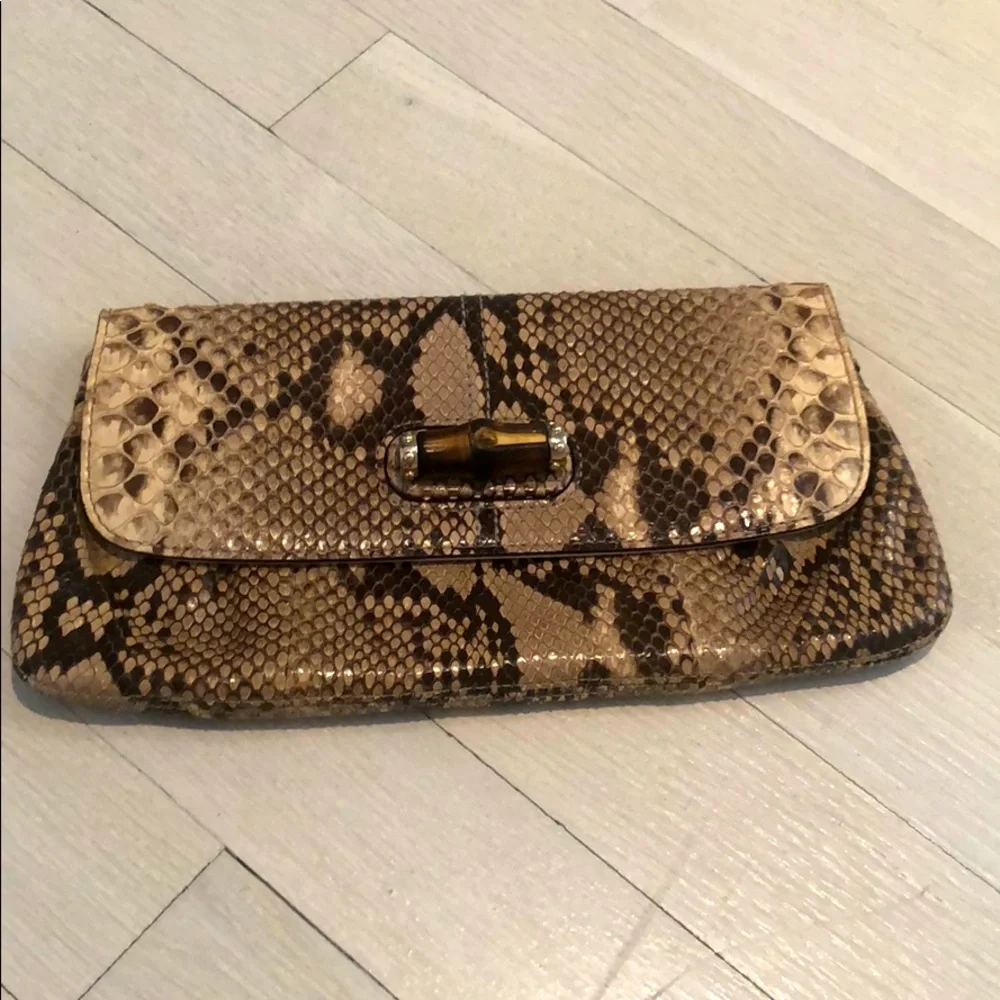 Vintage Gucci brown/beige Python bamboo clutch bag - Picture 4 of 14